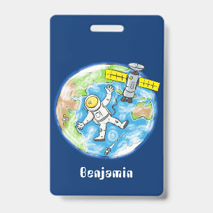Funny astronaut in space and earth cartoon badge