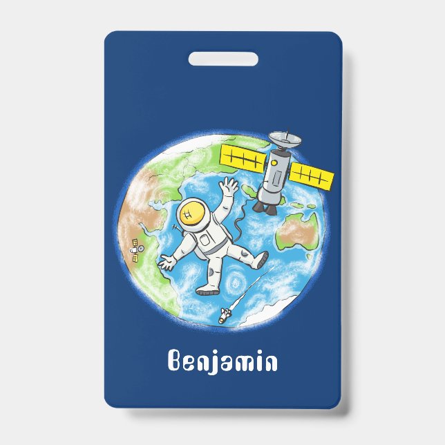 Funny astronaut in space and earth cartoon badge (Front)