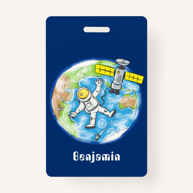 Funny astronaut in space and earth cartoon badge (Front)