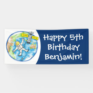 Funny astronaut in space and earth cartoon banner