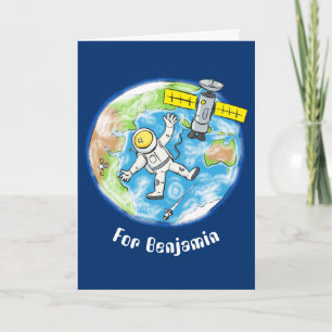 Funny astronaut in space and earth cartoon card