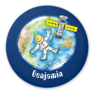 Funny astronaut in space and earth cartoon ceramic knob