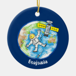 Funny astronaut in space and earth cartoon ceramic ornament