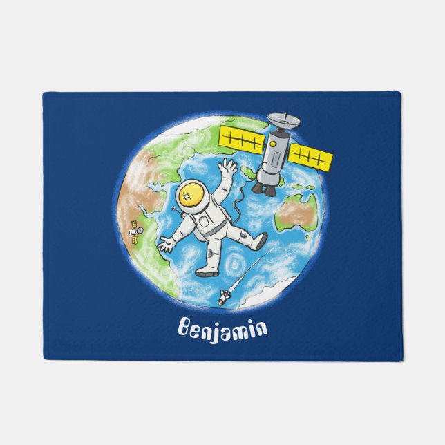 Funny astronaut in space and earth cartoon doormat (Front)