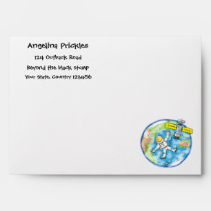 Funny astronaut in space and earth cartoon envelope