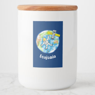 Funny astronaut in space and earth cartoon food label