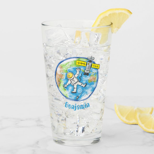 Funny astronaut in space and earth cartoon glass (Back Ice)