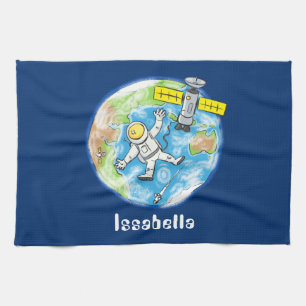Funny astronaut in space and earth cartoon kitchen towel