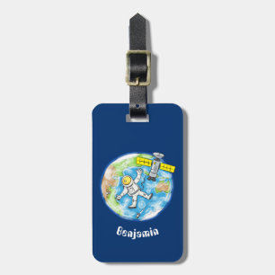 Funny astronaut in space and earth cartoon luggage tag