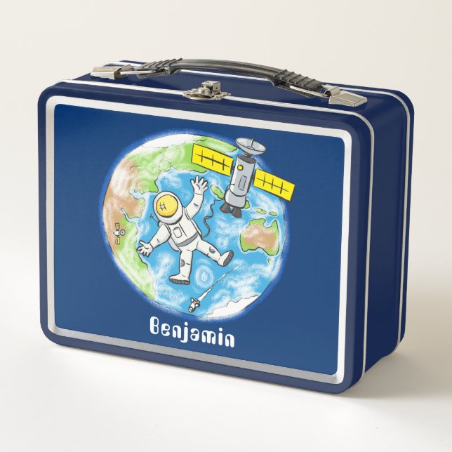 Funny astronaut in space and earth cartoon metal lunch box (Front)