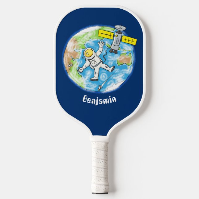 Funny astronaut in space and earth cartoon pickleball paddle (Front)