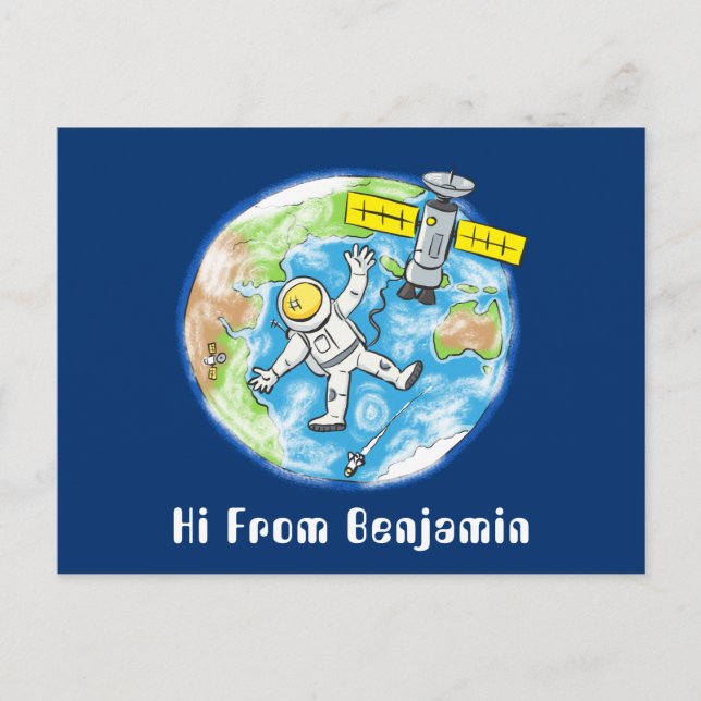 Funny astronaut in space and earth cartoon postcard (Front)