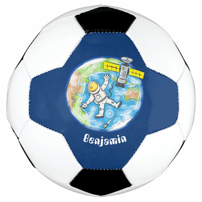 Funny astronaut in space and earth cartoon soccer ball (Front)