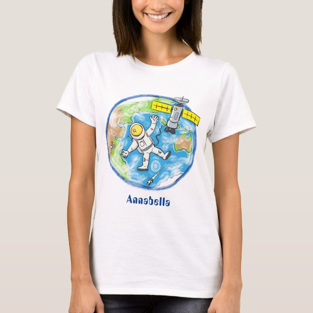Funny astronaut in space and earth cartoon T-Shirt (Front)