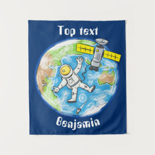 Funny astronaut in space and earth cartoon tapestry
