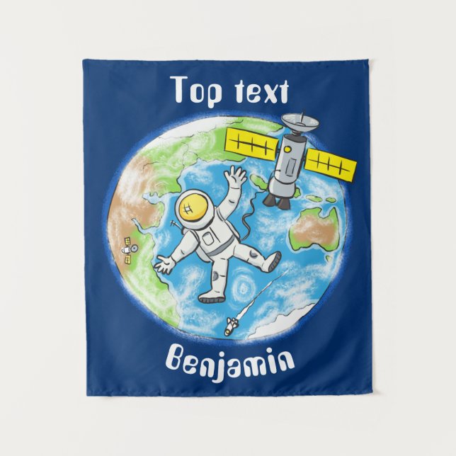 Funny astronaut in space and earth cartoon tapestry (Front)