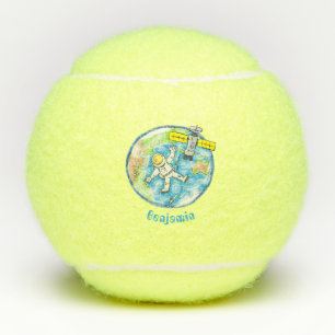 Funny astronaut in space and earth cartoon tennis balls