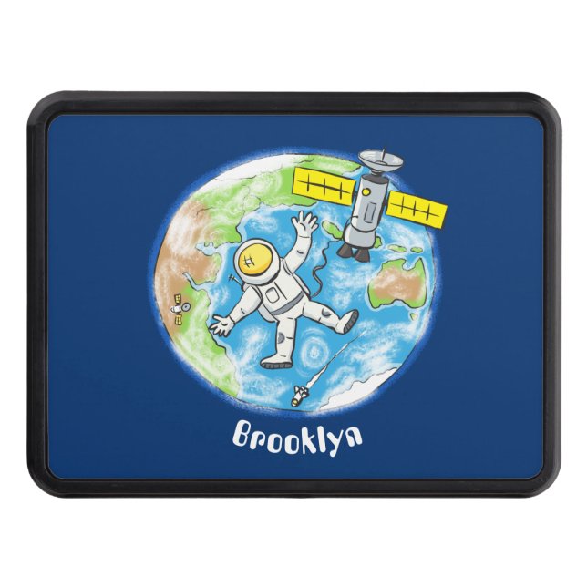 Funny astronaut in space and earth cartoon trailer hitch cover (Front)