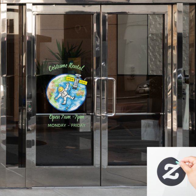 Funny astronaut in space and earth cartoon window cling (Office Door)
