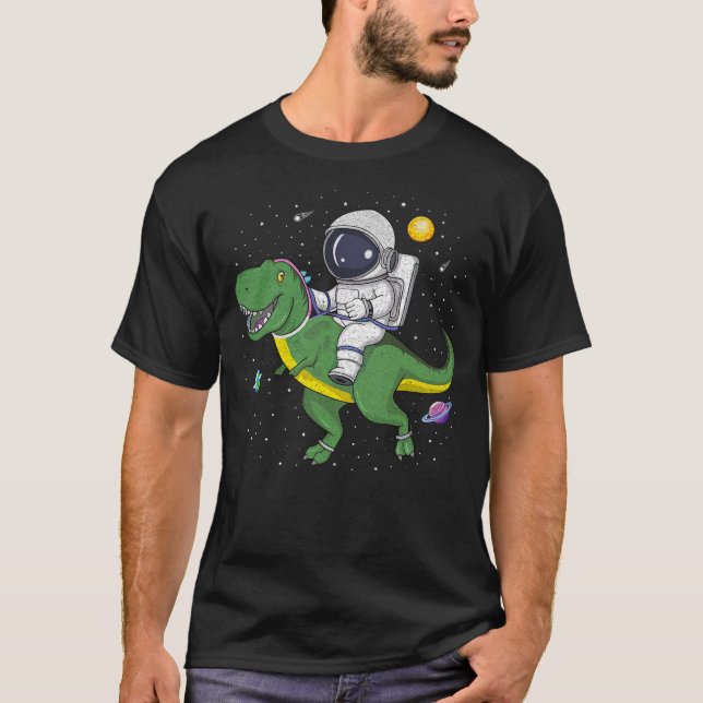 Funny Astronaut Riding T-Rex in Space Dinosaur Men T-Shirt (Front)