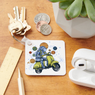 Funny Astronaut Scooter Solar System Art Keychain