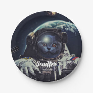 Funny Astronaut Shorthair Cat in Space             Paper Plate