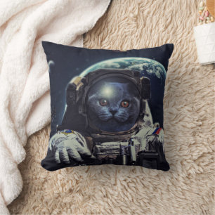 Funny Astronaut Shorthair Cat in Space             Throw Pillow