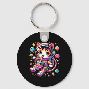 Funny Astronaut Space Kawaii Boba Tea Cat  Keychain