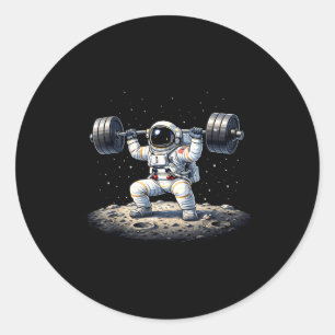 Funny astronaut weightlifting space fitness gym classic round sticker