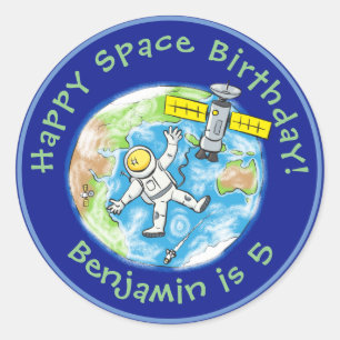 Funny astronaut with satellite over earth cartoon classic round sticker