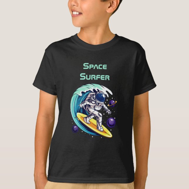Funny Astronauts Surfing in Space T-Shirt (Front)