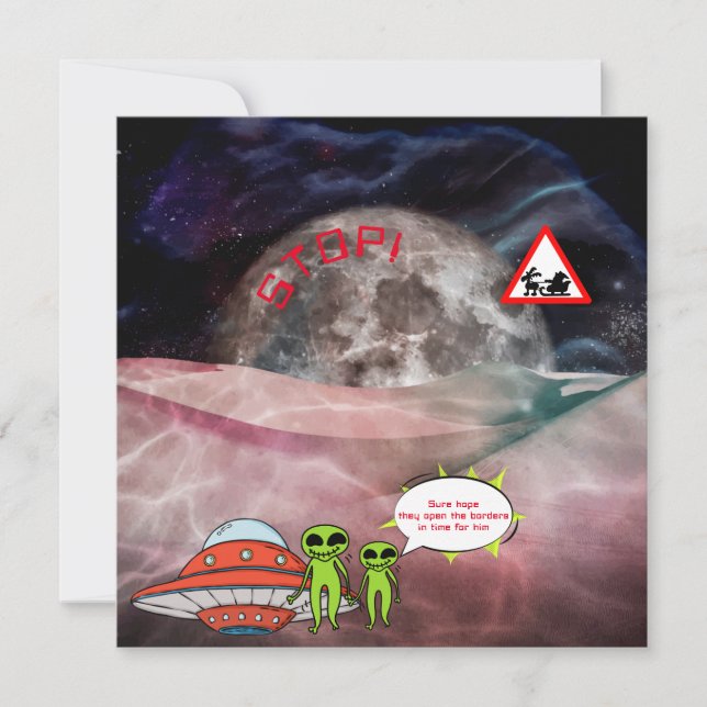 Funny Astronomy Christmas Aliens Cartoon Your Name Holiday Card (Front)