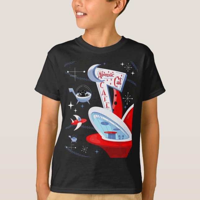 Funny Atomic Cat Cafe Retro Futuristic Spaceport M T-Shirt (Front)