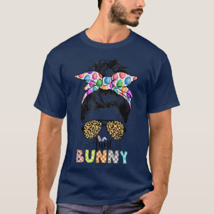 Funny Aunt Bunny Leopard Messy Bun Happy Easter Da T-Shirt