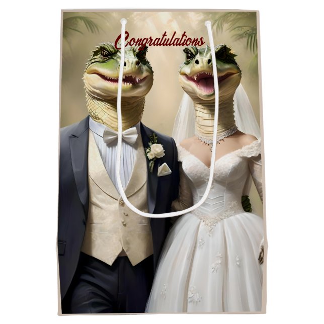 Funny Australian Crocodile Wedding, Medium Gift Bag (Back)