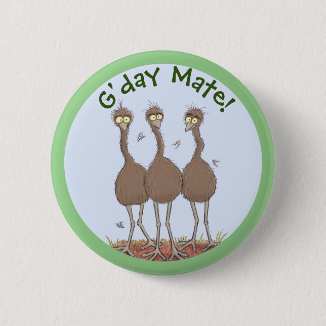 Funny Australian emu trio cartoon illustration 2 Inch Round Button (Front)