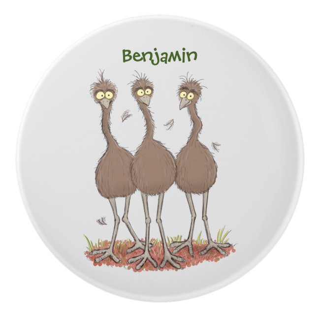Funny Australian emu trio cartoon illustration Ceramic Knob (Front)