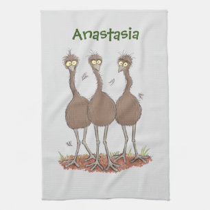Funny Australian emu trio cartoon illustration Kitchen Towel
