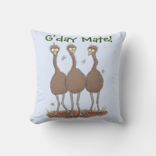 Funny Australian emu trio cartoon illustration Throw Pillow