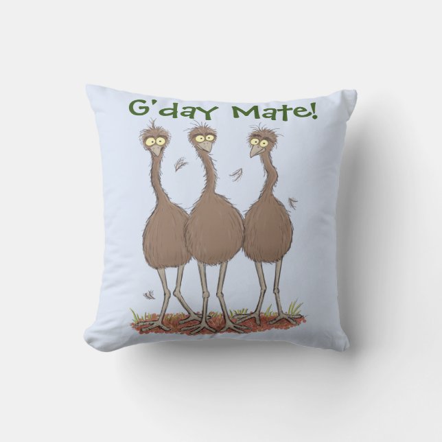 Funny Australian emu trio cartoon illustration Throw Pillow (Front)