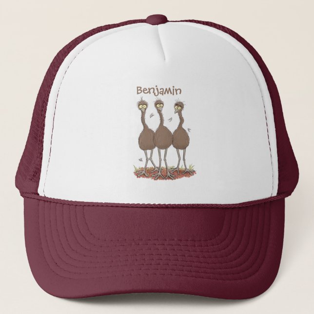Funny Australian emu trio cartoon illustration Trucker Hat (Front)