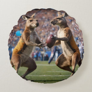 Funny Australian Kangaroos Playing Football, Round Pillow