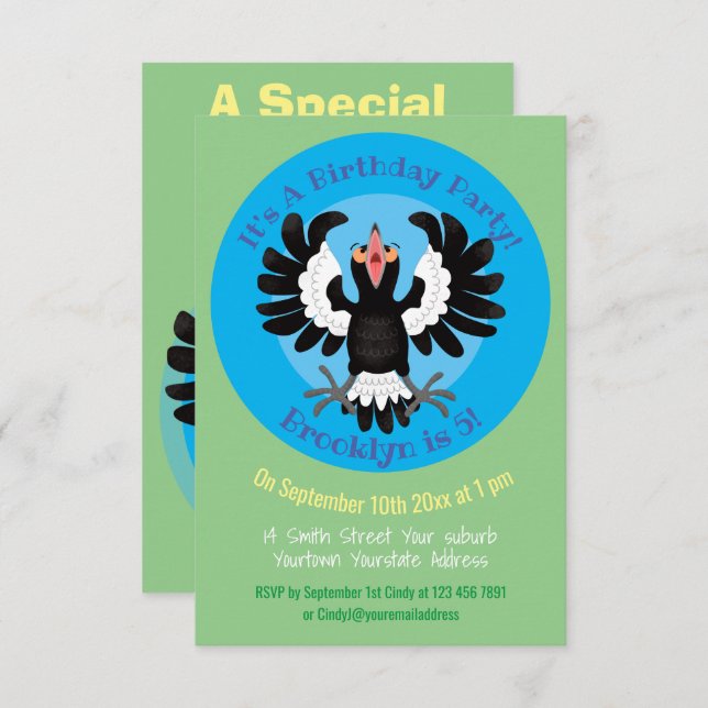 Funny Australian magpie cartoon illustration Invitation (Front/Back)