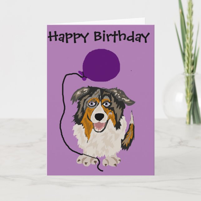 Funny Australian Shepherd Holding Balloon Art Card (Front)