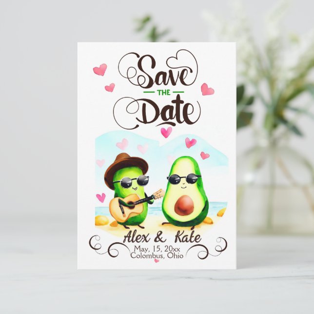 Funny Avocado Couple Greenery Save The Date (Standing Front)