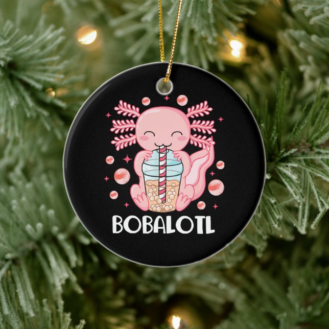 Funny Axolotl Bubble Tea Ceramic Ornament (Tree)