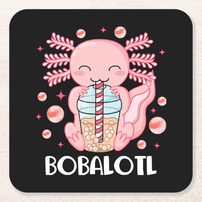 Funny Axolotl Bubble Tea Square Paper Coaster (Front)