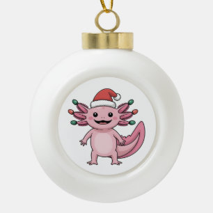 Funny Axolotl Christmas Santa Hat Xmas Outfit Ceramic Ball Christmas Ornament