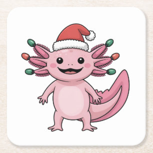 Funny Axolotl Christmas Santa Hat Xmas Outfit Square Paper Coaster