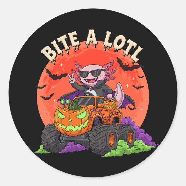Funny Axolotl Dracula Halloween Monster Truck Classic Round Sticker (Front)